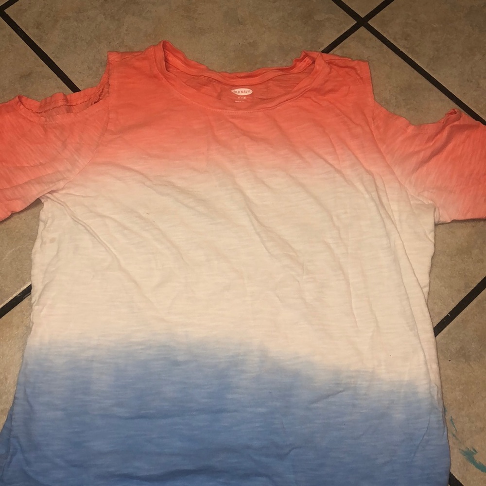 Blue white and red shirt with open shoulders